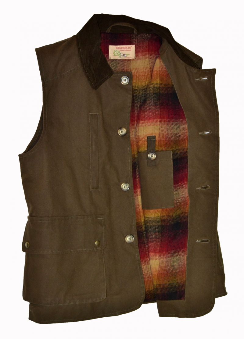 Gilet tessuto canvas antistrappo, trattato con cera oleosa resistente ai lavaggi